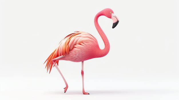 Een heerlijke 3D-weergave van een schattige flamingo die sierlijk staat op een ongerepte witte achtergrond Perfect voor het toevoegen van een pop van kleur en grilligheid aan elk project of ontwerp