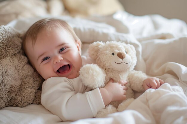 Een heerlijke baby lacht terwijl ze een zachte teddybeer in een gezellig bed knuffelt