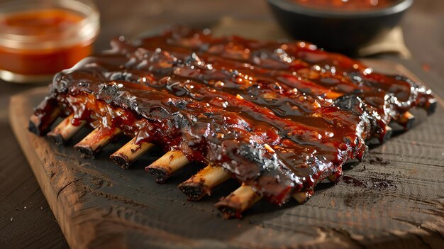 Foto een heerlijke barbecue varkensribbetjes de ribben vallen van het bot teder en verstikt in een rijke pittige barbecue saus