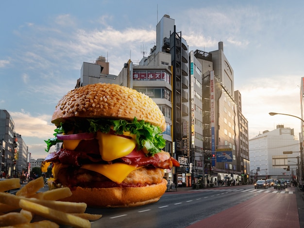 Foto een heerlijke burger in de stad.