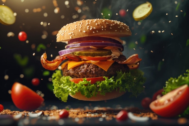 Een heerlijke burger met zwevende ingrediënten