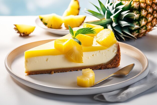 Foto een heerlijke cheesecake met ananassaus in gekleurde achtergrond gezond idee