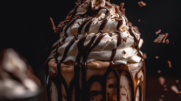 een heerlijke chocolademilkshake met slagroom en chocolademotregen