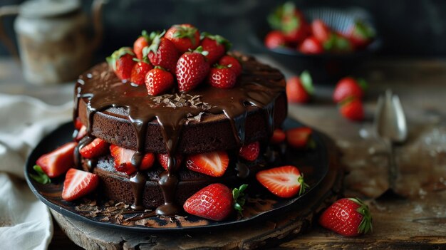 Een heerlijke chocoladetaart versierd met verse aardbeien