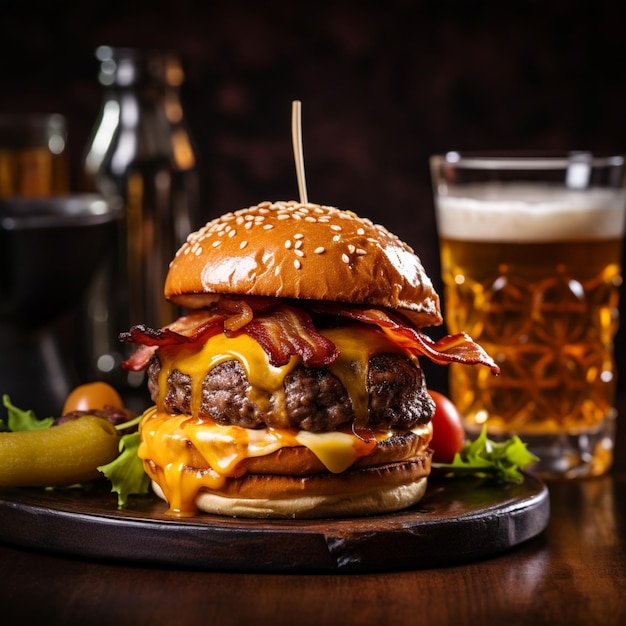 een heerlijke drie-vlees hamburger met spek en gele kaas vergezeld van een glas whisky op de