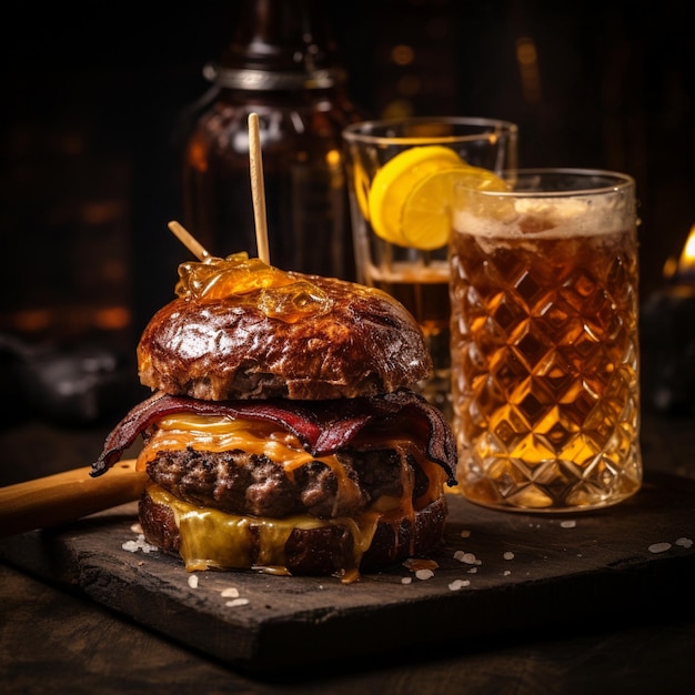 een heerlijke drie-vlees hamburger met spek en gele kaas vergezeld van een glas whisky op de