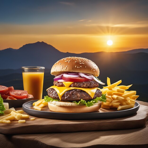 een heerlijke driedubbele vleesburger met gele kaas vergezeld van dikke runderburger met dikke kaas