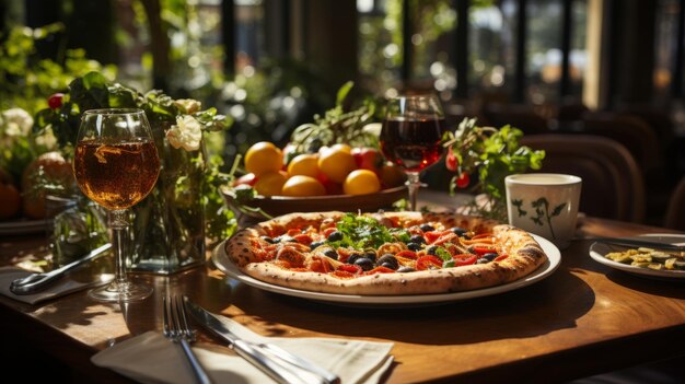 Een heerlijke en smakelijke Italiaanse pizza met tomaten en mozzarella op een prachtig geserveerde tafel