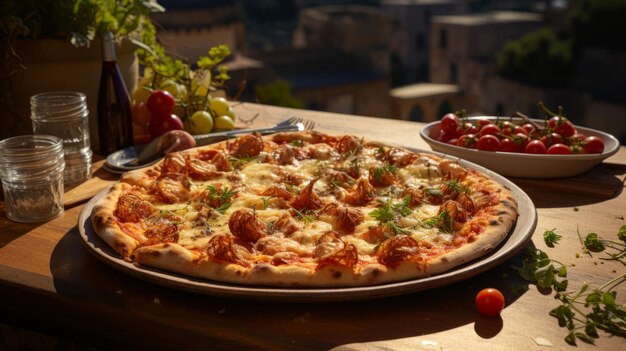 Een heerlijke en smakelijke Italiaanse pizza met tomaten en mozzarella op een prachtig geserveerde tafel