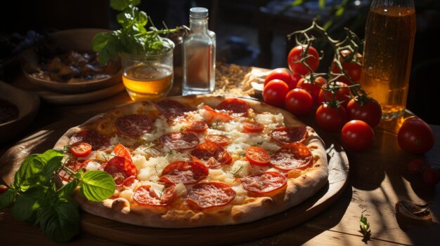 Een heerlijke en smakelijke Italiaanse pizza met tomaten en mozzarella op een prachtig geserveerde tafel