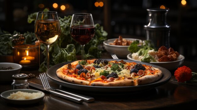 Een heerlijke en smakelijke Italiaanse pizza met tomaten en mozzarella op een prachtig geserveerde tafel