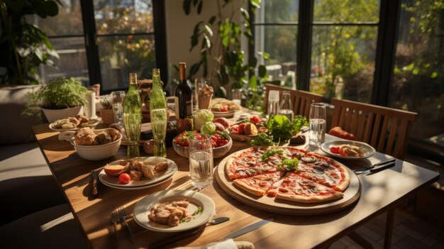 Een heerlijke en smakelijke Italiaanse pizza met tomaten en mozzarella op een prachtig geserveerde tafel