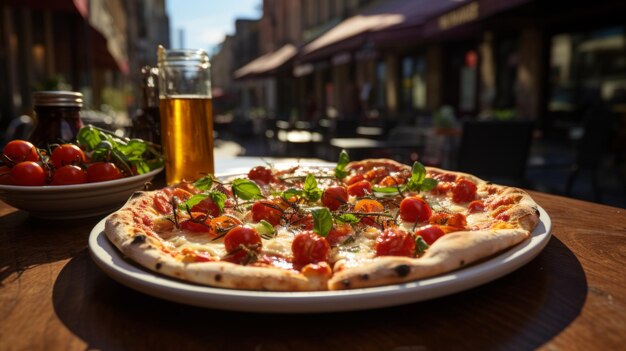 Een heerlijke en smakelijke Italiaanse pizza met tomaten en mozzarella op een prachtig geserveerde tafel