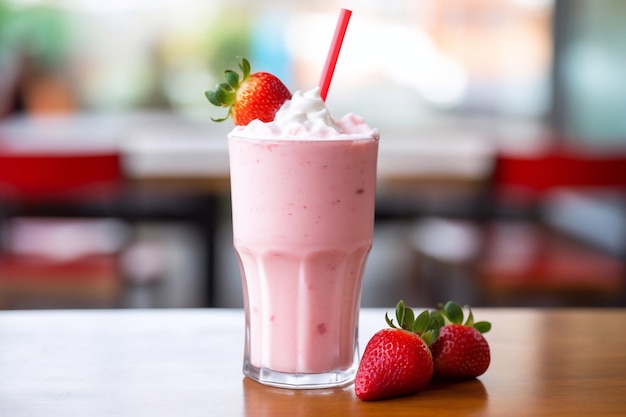 Een heerlijke en verfrissende aardbeien milkshake op tafel.