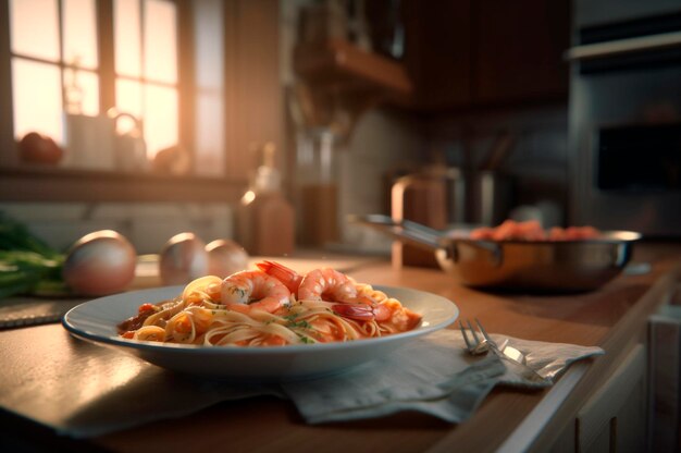 Een heerlijke garnaalschotel met fettuccine pasta op een keukentafel AI gegenereerd