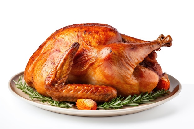 Een heerlijke gebakken kalkoen voor Thanksgiving op witte achtergrond