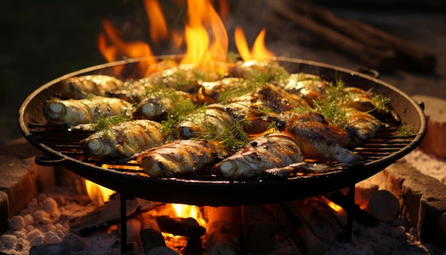 Een heerlijke geroosterde vis met een gouden en knapperige huid, vakkundig gekookt in een sizzling pan.