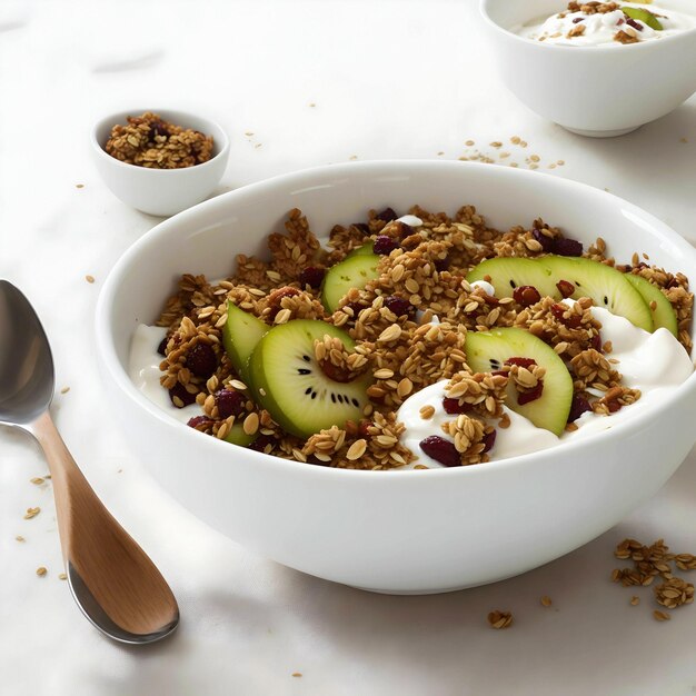 Een heerlijke, gezonde kom met granen, yoghurt en kiwi.