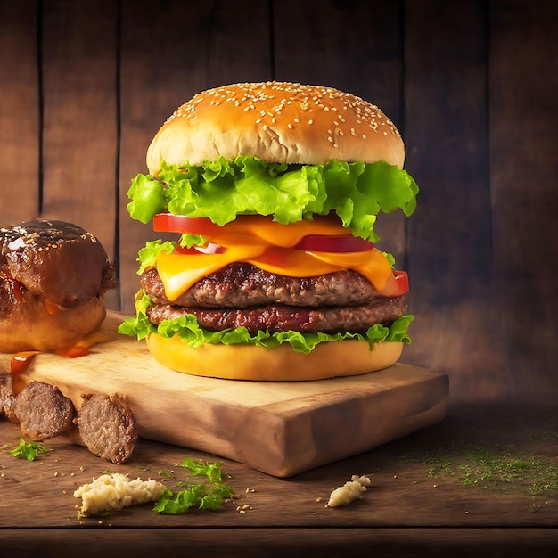Een heerlijke hamburger met het magische hangende ingrediënt op houten ondergrond
