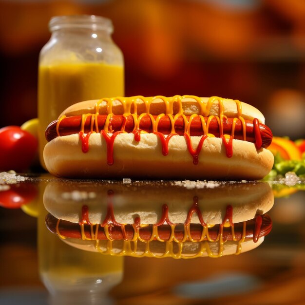 Foto een heerlijke hotdog met ketchup en mosterd.