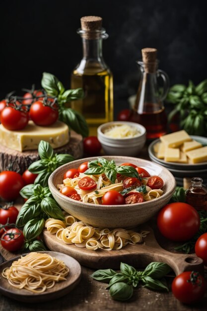 Een heerlijke kom pasta met verse tomaten gesmolten kaas en geurige basilicumbladeren