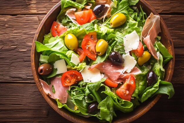 Een heerlijke mix. Salade, olijven, tomaten, parmesan, prosciutto, een meesterwerk van de Middellandse Zee.