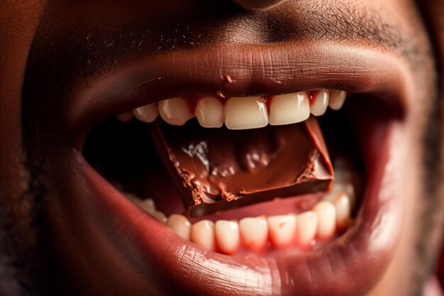 Een heerlijke momentmond die de smaak van chocolade verkent en de pure liefde voor het zoete weerspiegelt