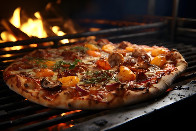 Een heerlijke pizza koken op een metalen grill