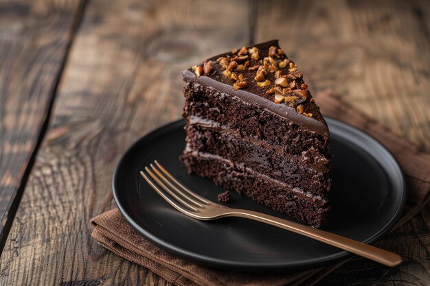 Een heerlijke plak chocoladekoek met noten bovenop op een rustieke houten tafel.