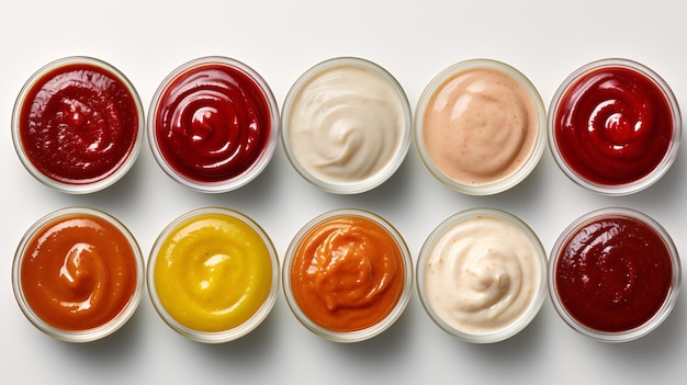 Een heerlijke portie ketchup in een kom op een witte achtergrond, aangevuld met een assortiment andere sauzen