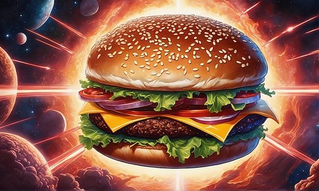 Foto een heerlijke sappige hamburger op kosmische ruimteachtergrond generatieve ai