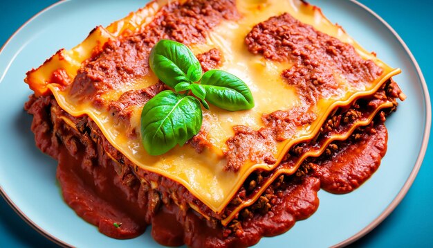 Een heerlijke schotel rundvleeslasagne met tomatensaus op een witte achtergrond