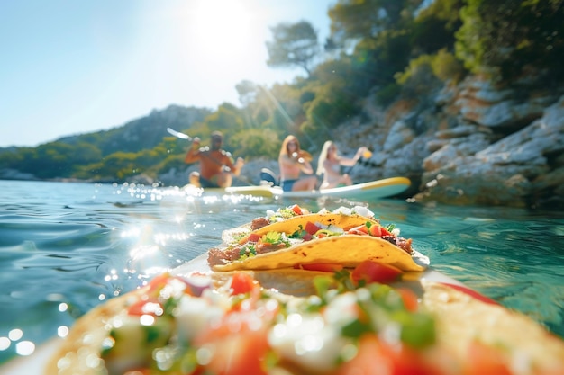 Een heerlijke taco verspreid op een standup paddle SUP board Mexicaans eten voor lunch op het strand