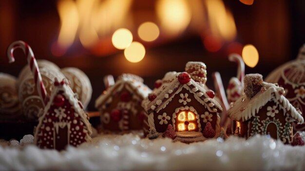 Foto een heerlijke tentoonstelling van miniatuur peperkoekhuizen met suiker sneeuw en suikerriet schoorstenen