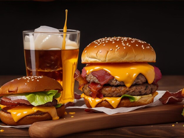 Een heerlijke triple meat cheeseburger met spek en wijnwhisky afbeelding ai generatief