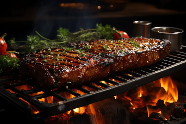 een heerlijke varkenssteak in de grill met vuur