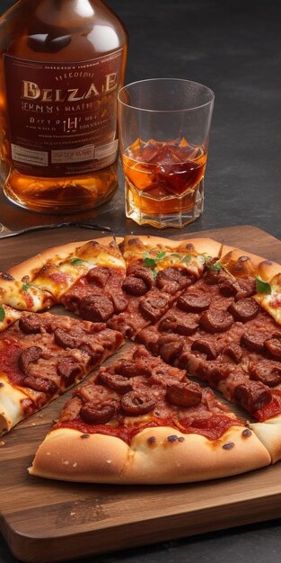 een heerlijke vleespizza vergezeld van een glas whisky on the rocks