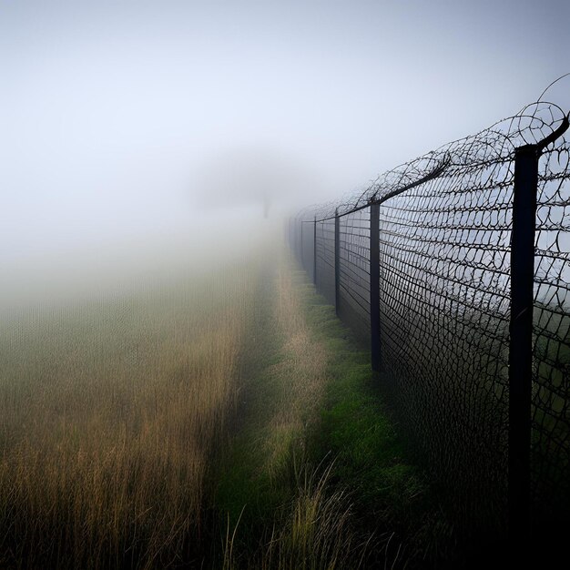 Een hek met een boom in de mist