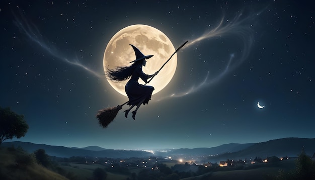 Een heks die op een bezem vliegt met een heks die erop vliegt.