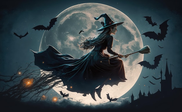 Een heks die op een bezemsteel vliegt voor een volle maan.