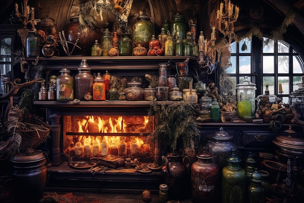 Een heksenapotheek vol toverdranken, spreukenboeken en mystieke ingrediënten