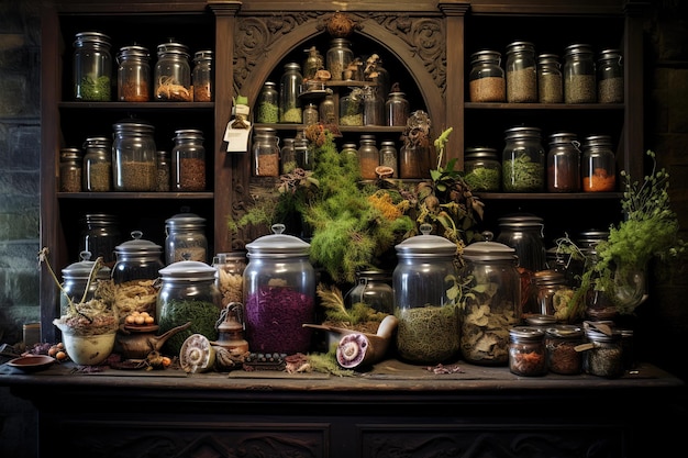 Een heksenapotheek vol toverdranken, spreukenboeken en mystieke ingrediënten