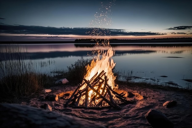 Een helder brandend vuur in de buurt van een sereen meer, waarbij de vlammen de donkere nacht verlichten. De houtblokken liggen op een stapel en het vuur verspreidt een warme gloed. Generatieve AI