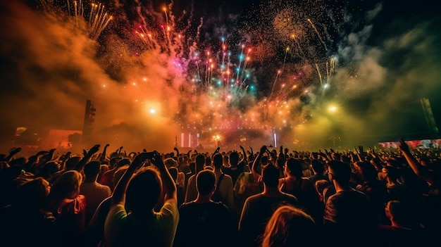 Een helder feest met artiesten die optreden in concertverlichting, confetti en Generative AI