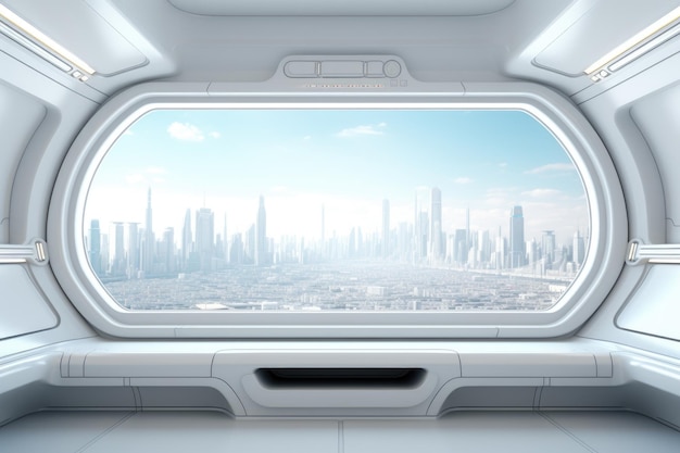 Een helder raam biedt een prachtig uitzicht op het bruisende stadsbeeld buiten Het interieur van het witte ruimteschip toont een uitzicht uit het raam met uitzicht op de stad 3D-rendering AI gegenereerd