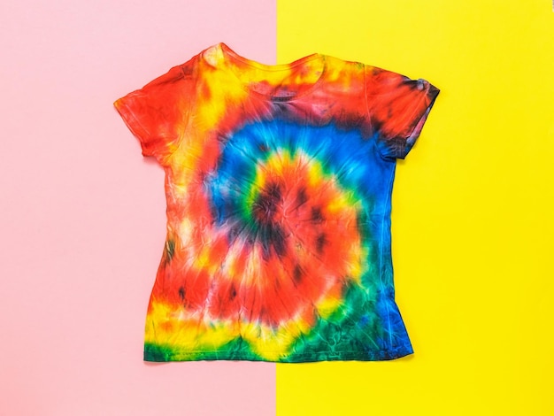 Een helder tie-dye t-shirt op een gele en rode achtergrond Plat lag