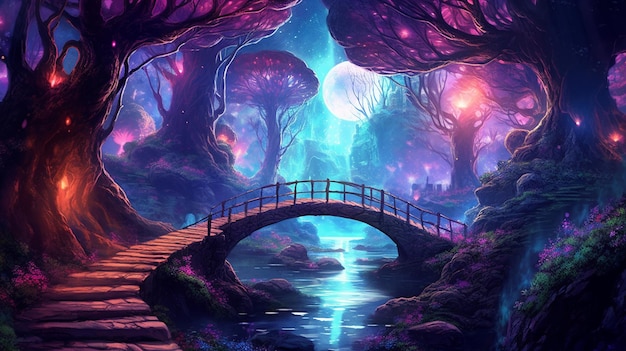 een helder verlichte brug steekt een beek over in een fantasiebos, generatieve ai