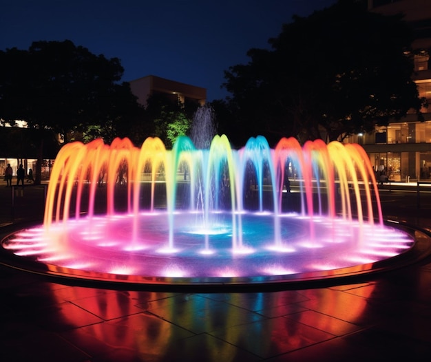 Een helder verlichte fontein met kleurrijk water