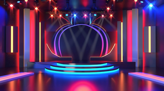 Een helder verlichte scène met een groot cirkelvormig scherm op de achtergrond Het podium is leeg en klaar voor een voorstelling