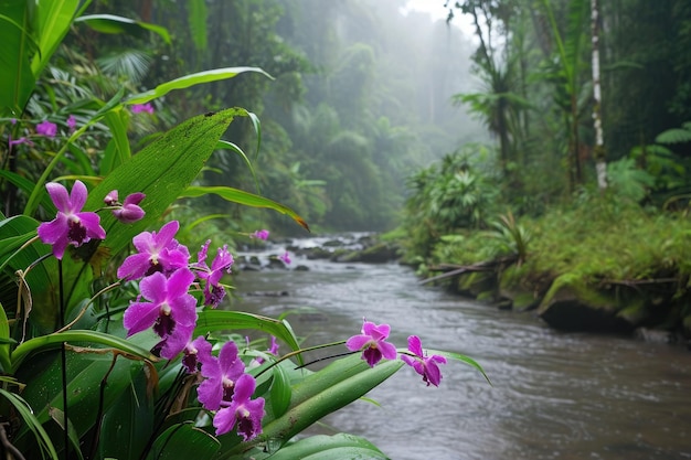 Een heldere beek loopt door een dicht groen bos en toont de schoonheid van de natuur. Een rivier begrensd door orchideeën in een rijk regenwoud.